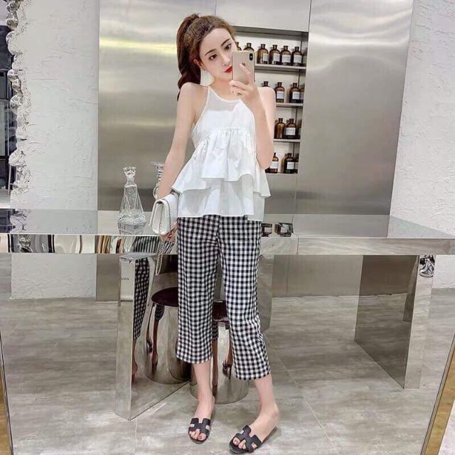 Set quần culottes kẻ + áo 2 dây chỉ 165/set