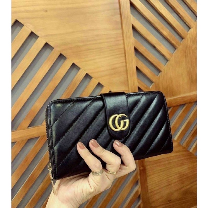 Ví dài thời trang nữ nắp cài g.u.c.c.i da bóng trần chỉ siêu đẹp