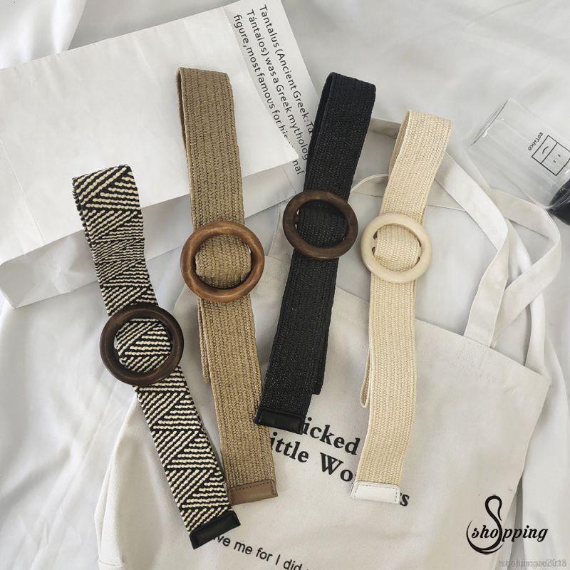 Thắt lưng bện dây co giãn phối khóa gỗ cho nữ