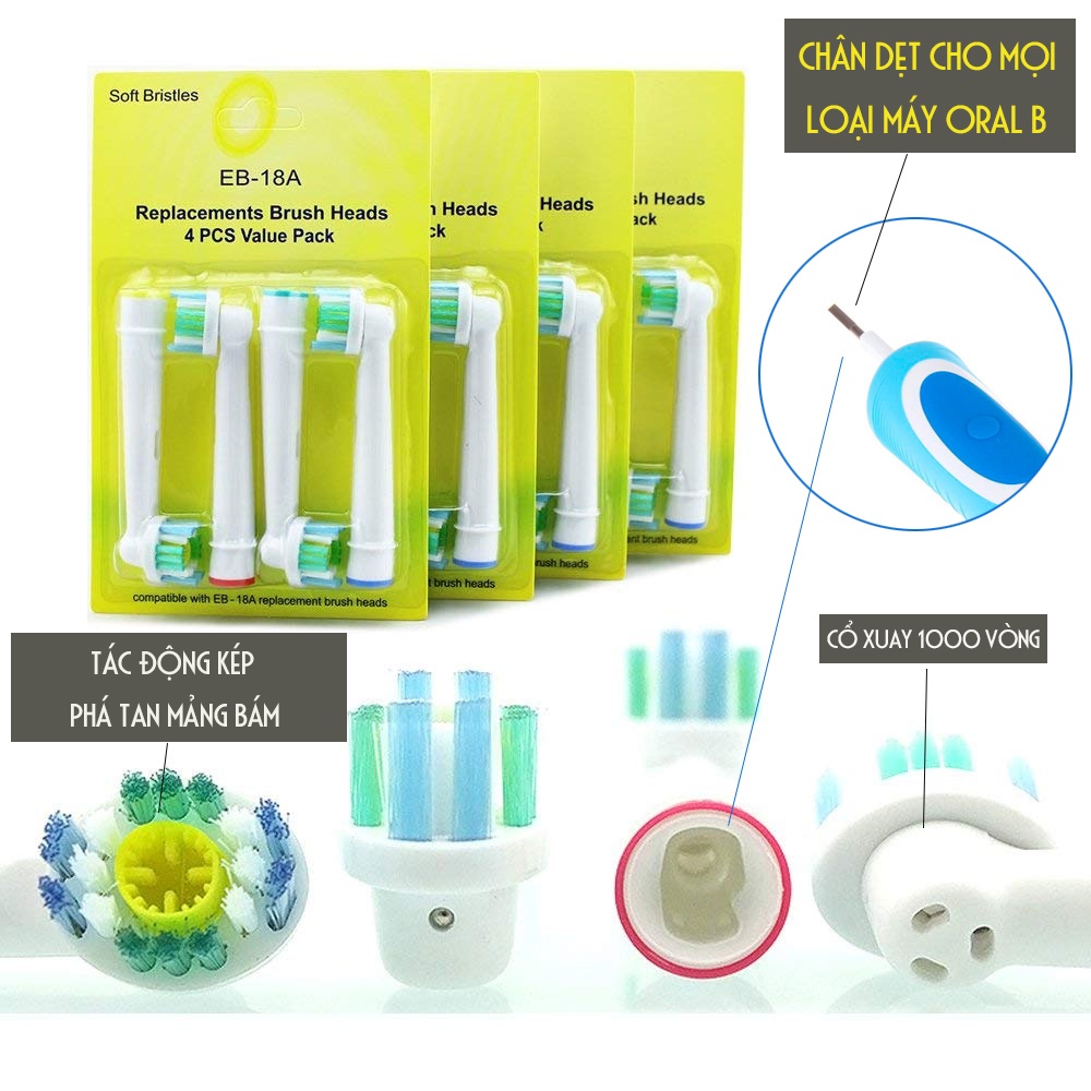 Cho máy Oral B, EB-18A Pro White 3D set (4 chiếc/vỉ), Bộ 4 đầu bàn chải đánh răng điện Minh House