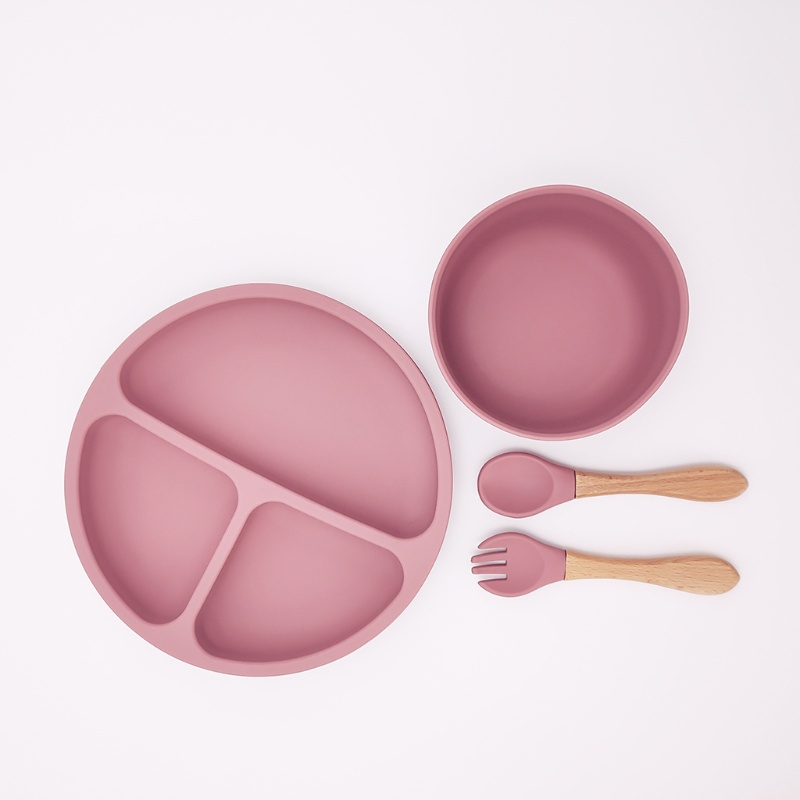 Bộ 4 Dụng Cụ Tập Ăn Gồm Bát / Muỗng / Nĩa Chia Ngăn Bằng Silicone Dành Cho Bé