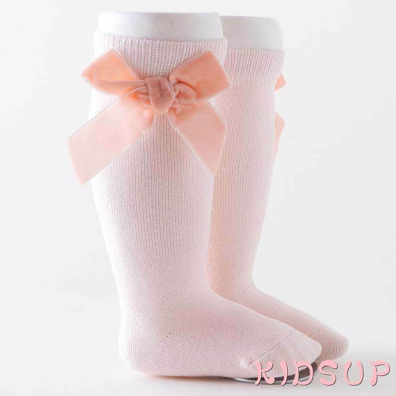 Tất cotton cổ cao đính nơ màu sắc cổ điển cho bé gái