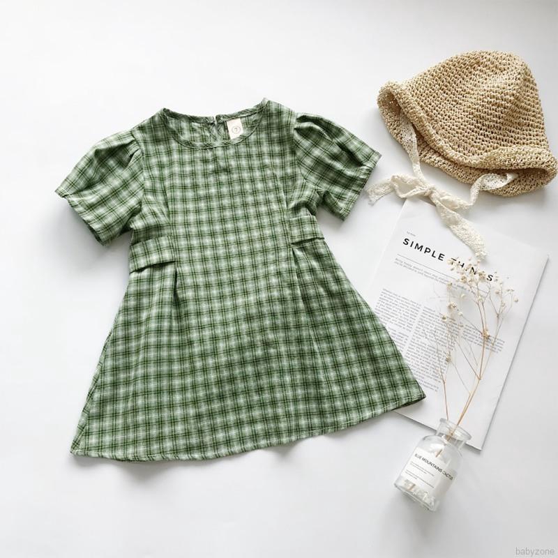 Đầm cotton ngắn tay họa tiết sọc ca rô thời trang mùa hè dành cho bé gái từ 1-8 tuổi