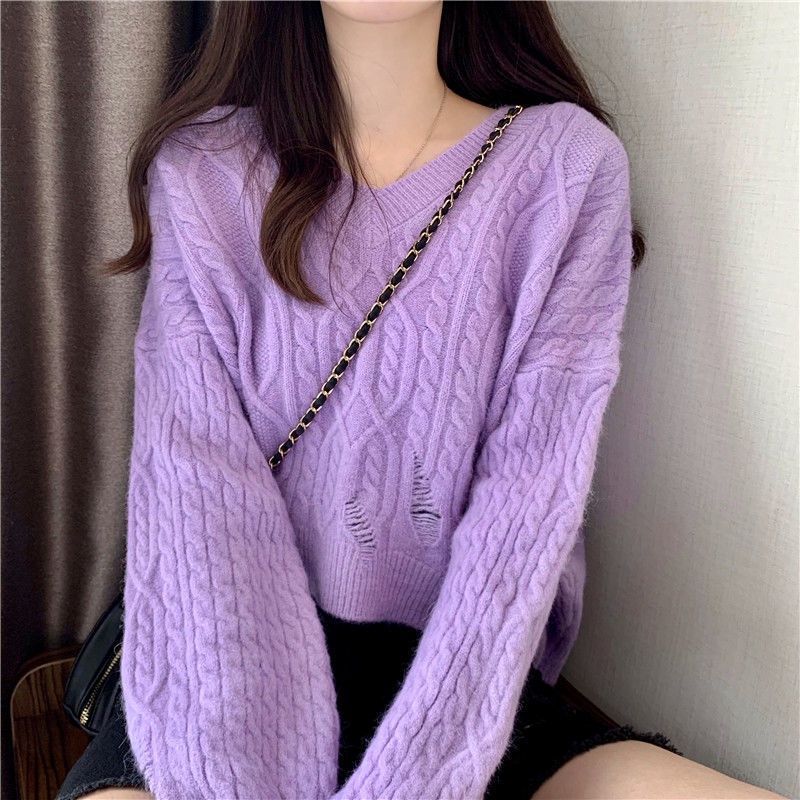 Áo sweater dệt kim cổ tim màu trơn thời trang cho nữ