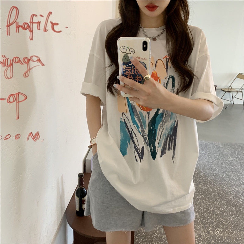 Áo thun dáng rộng tay ngắn phong cách retro thời trang hè cho nữ