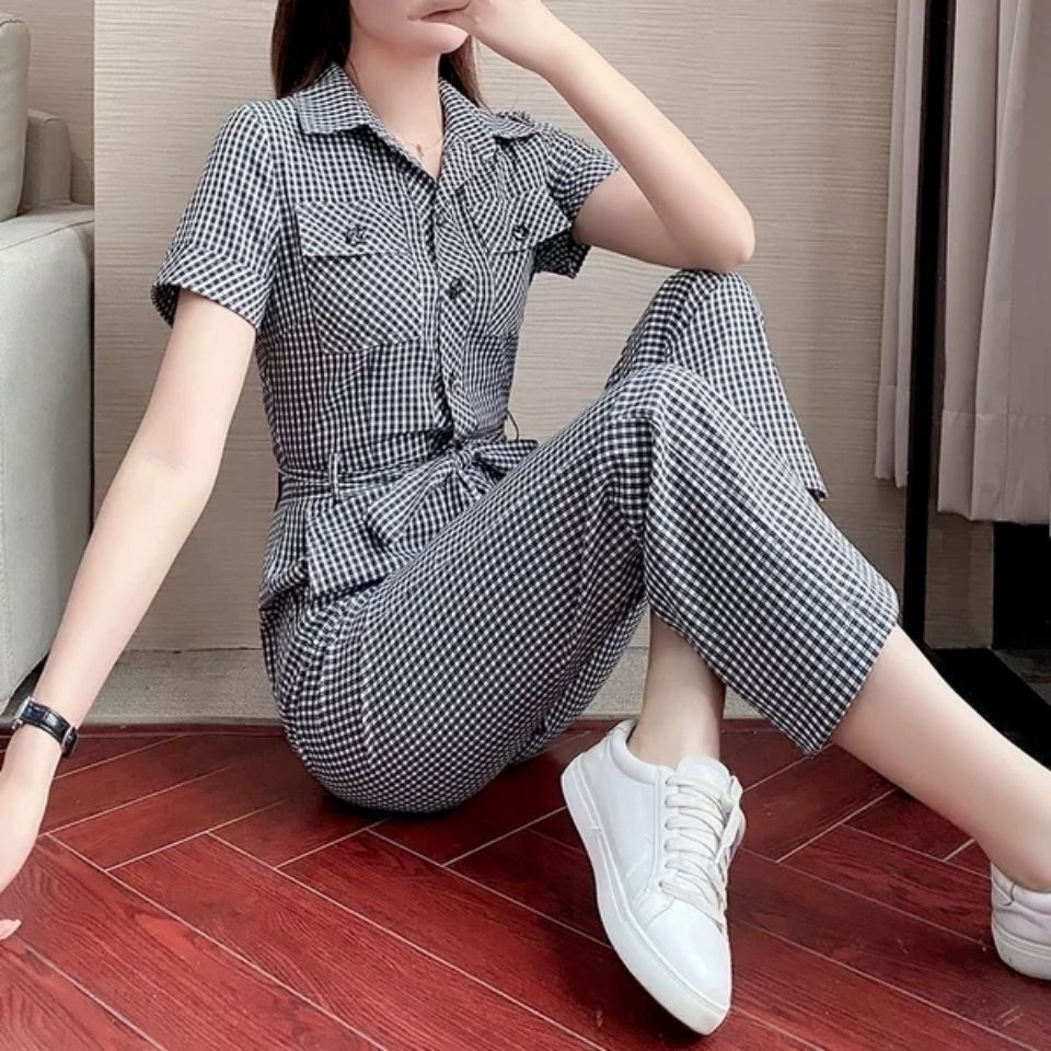 Jumpsuit lưng cao ống suông họa tiết sọc ca rô mẫu 2022 phong cách Hàn Quốc mới thời trang mùa hè dành cho nữ