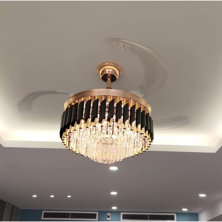 Quạt trần trang trí giấu cánh động cơ DC điều khiển từ xa ( đẹp lung linh có kèm đèn chùm fale)