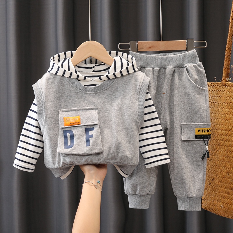 Set Đồ Thể Thao 3 Món Gồm Áo Hoodie cotton Kẻ Sọc + Áo Sát Nách + Quần Dài Thời Trang Cho Bé