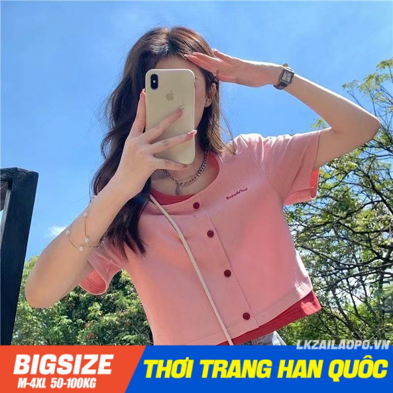Áo thun sở sọc Bigsize Áo croptop nữ Giả Hai tay ngắn cổ tròn mùa hè Phong cách Hàn Quốc Thời Trang tiểu thư cá tính xinh đẹp cho người mập béo