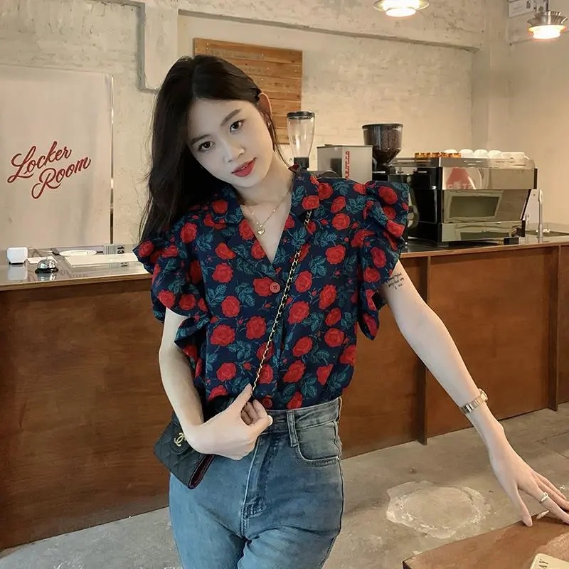 Áo Sơ Mi Tay Bay Dáng Rộng In Họa Tiết Phong Cách Hồng Kông Thời Trang Mùa Hè Xinh Xắn Cho Nữ