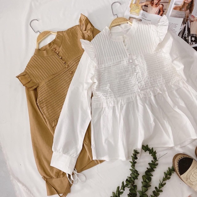 Áo sơmi kiểu babydoll xếp ly phối bèo