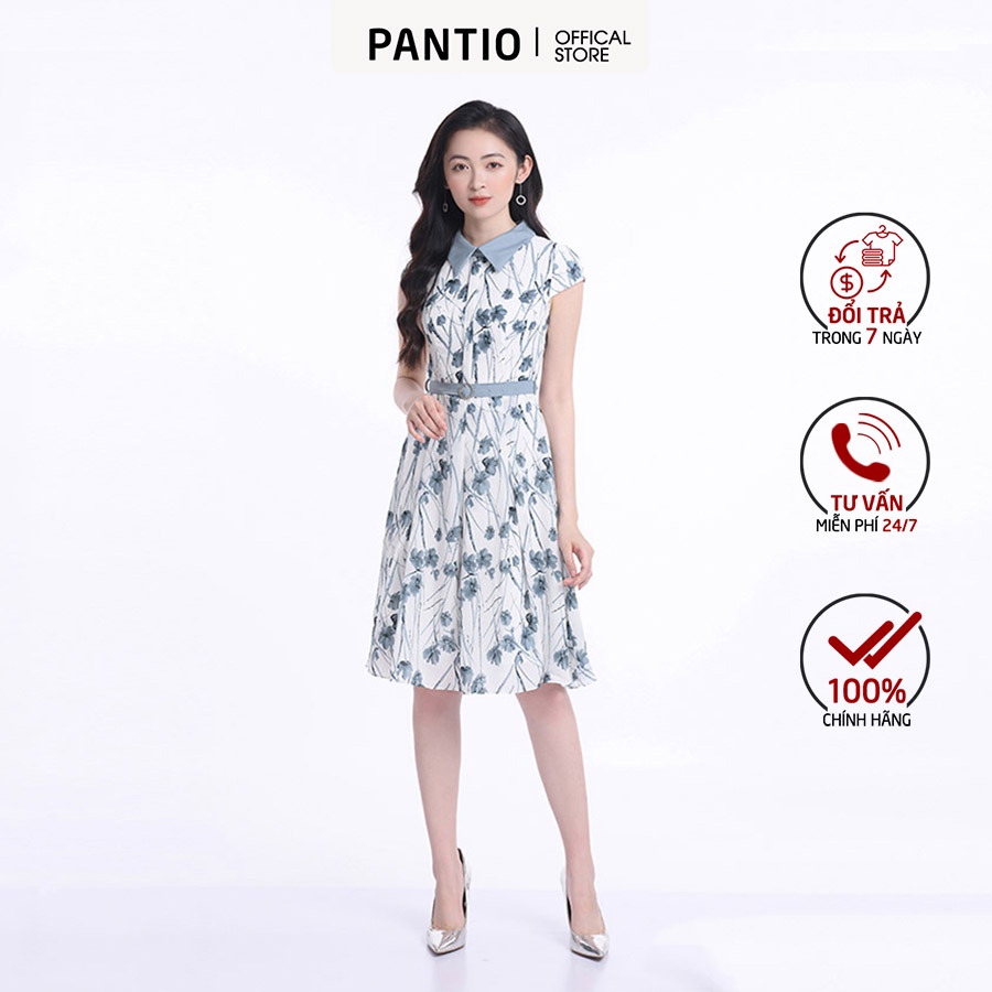 Đầm công sở chất liệu lụa mềm họa tiết hoa cổ sơ mi không tay FDC32762 - PANTIO