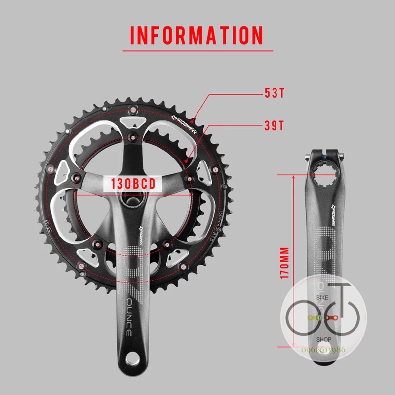 Bộ Đùi Đĩa Nhôm Prowheel OZ OUNCE Trục Cốt Rỗng 39/53T 170mm Dành Cho Xe Road