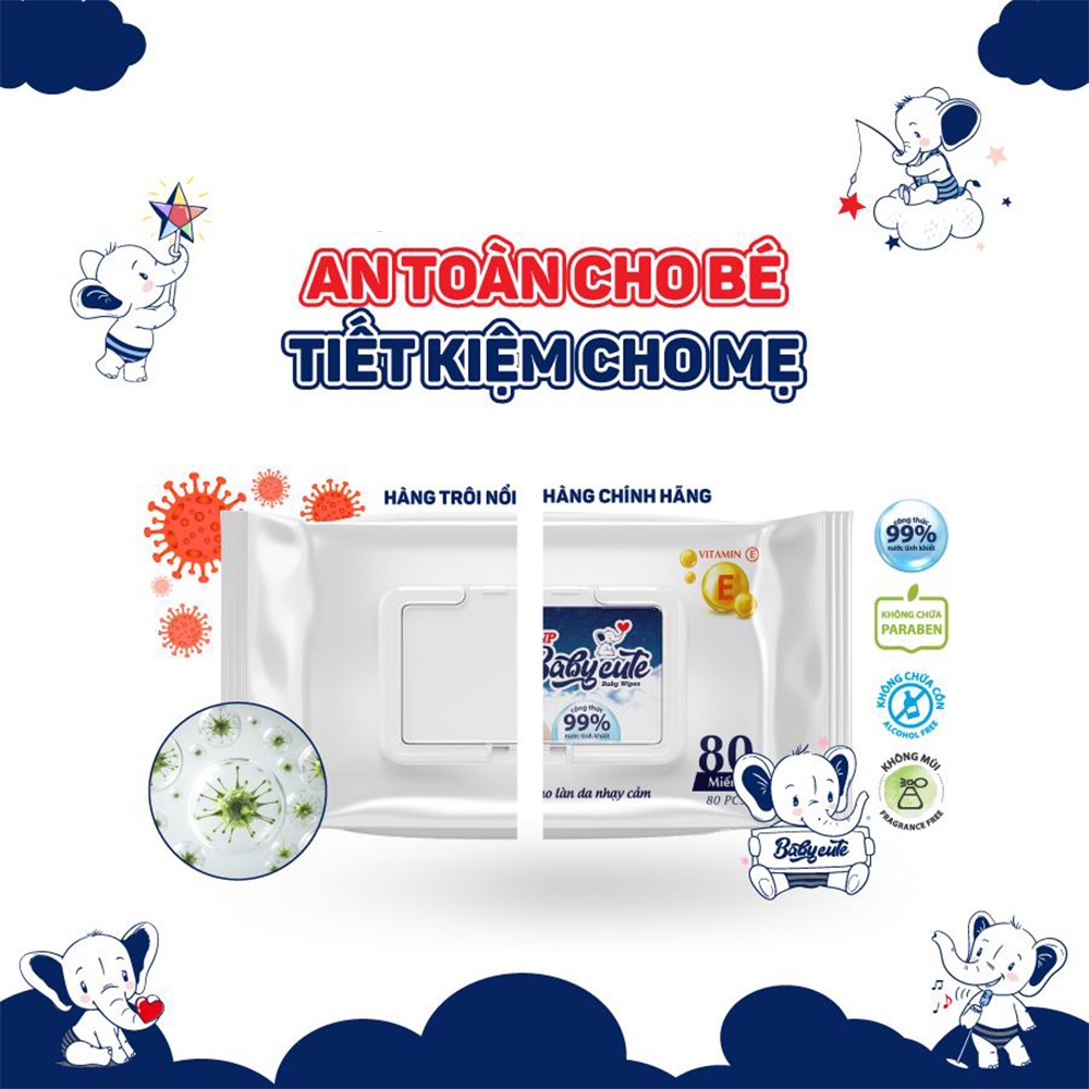 Khăn giấy ướt Babycute không mùi kháng khẩu, 3 lớp mềm mại an toàn cho bé 80 miếng CB001W