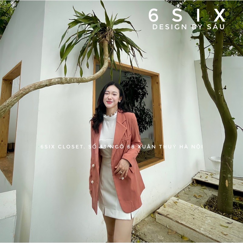 Áo Blazer nữ màu hồng đất cúc ngọc thời trang công sở 6SIX closet