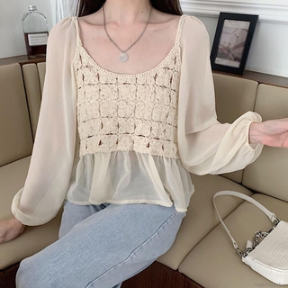 Áo kiểu tay dài chất chiffon hoạ tiết hoa cho nữ