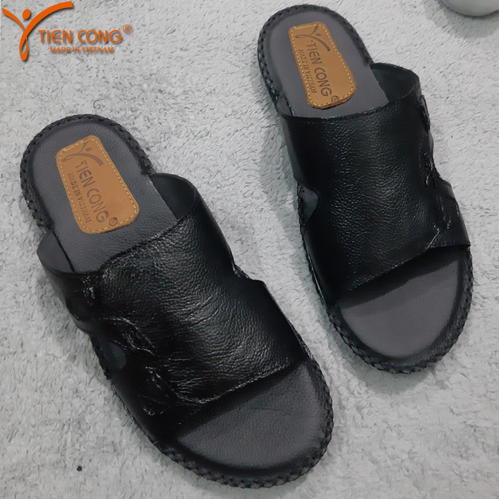 Dép Quai Ngang Nam Da Bò Tiến Công Màu Đen - TCF1036