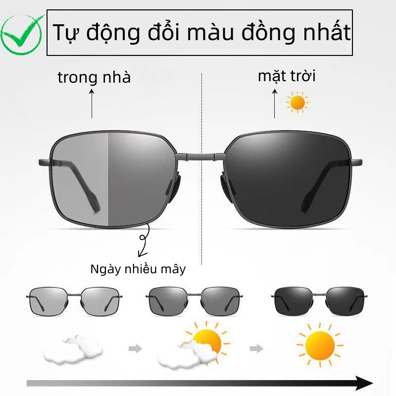 Kính mát nam nữ mắt đổi màu, gọng gấp gọn tiện lợi cao cấp.Tròng phân cực chống tia UV Bao gồm hộp đựng kính và khăn lau