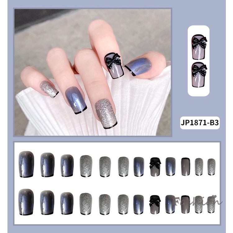 [Hàng mới về] Set 24 móng tay giả đính nơ màu đen thời trang Pháp trẻ trung cá tính