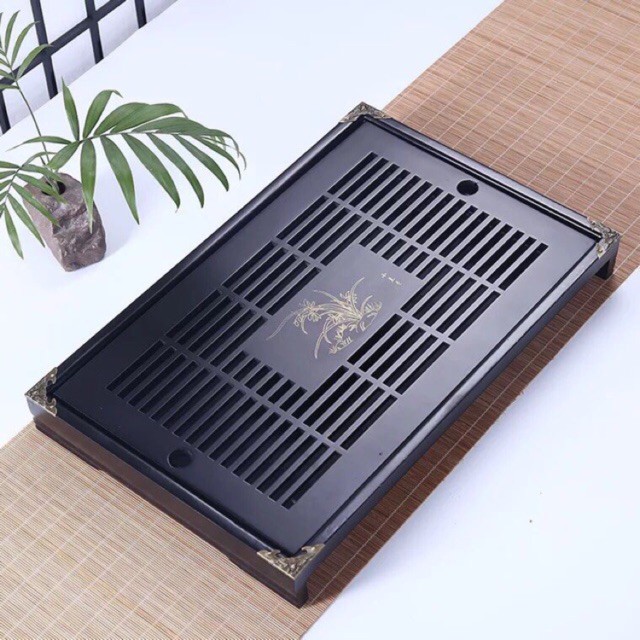 Khay tre ấm chén bọc đồng 43x28cm - Gốm sứ Bát Tràng Anh Khoa