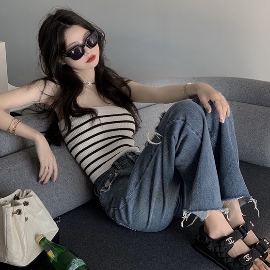 Xiaozhainv Áo Dệt Kim Hai Dây Kẻ Sọc Phong Cách Hàn Quốc Gợi Cảm Cho Nữ