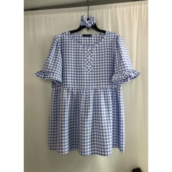 Áo babydoll caro xanh dễ thương tặng kèm scrunchie cùng màu