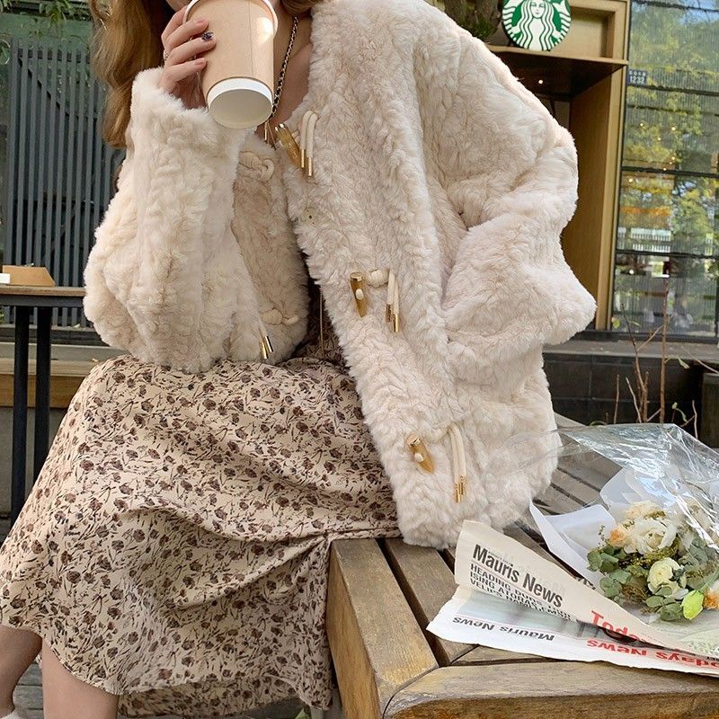 Áo Khoác Lông Cừu Giả Dày Dặn Cổ Tròn Thời Trang Thu Đông 2022 Cho Nữ