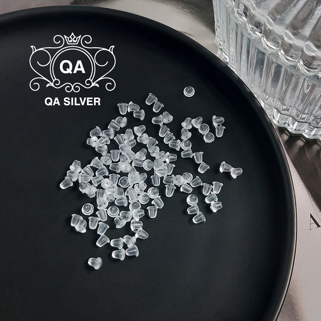 Chốt khuyên tai nhựa tròn trong suốt đế bông silicon cao su Bullet Earring Backs QA SILVER AC200604