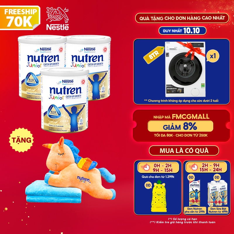 [Tặng bộ gối mền Pony] Combo 3 lon sữa bột Nutren Junior 850g/lon