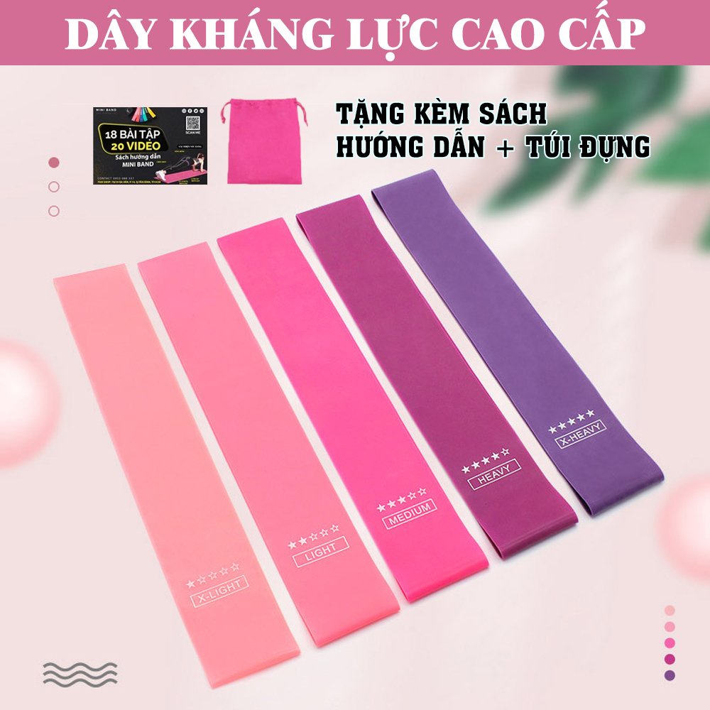 Dây mini band kháng lực cao su ngũ sắc tập gym, mông, bộ 5 dây hồng Aolikes 3608