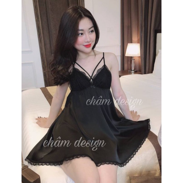 sét váy ngủ 2 dây chéo ngực kèm choàng lụa satin đen kết hợp ren mi đen