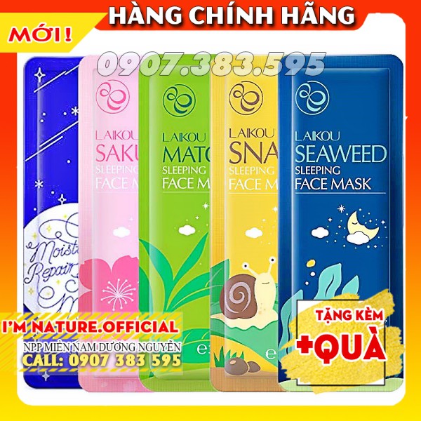 Set 2 Mặt Nạ Ngủ Laikou Sleep Mask Trà Xanh - Hoa Anh Đào - Tảo Biển - Ốc Sên