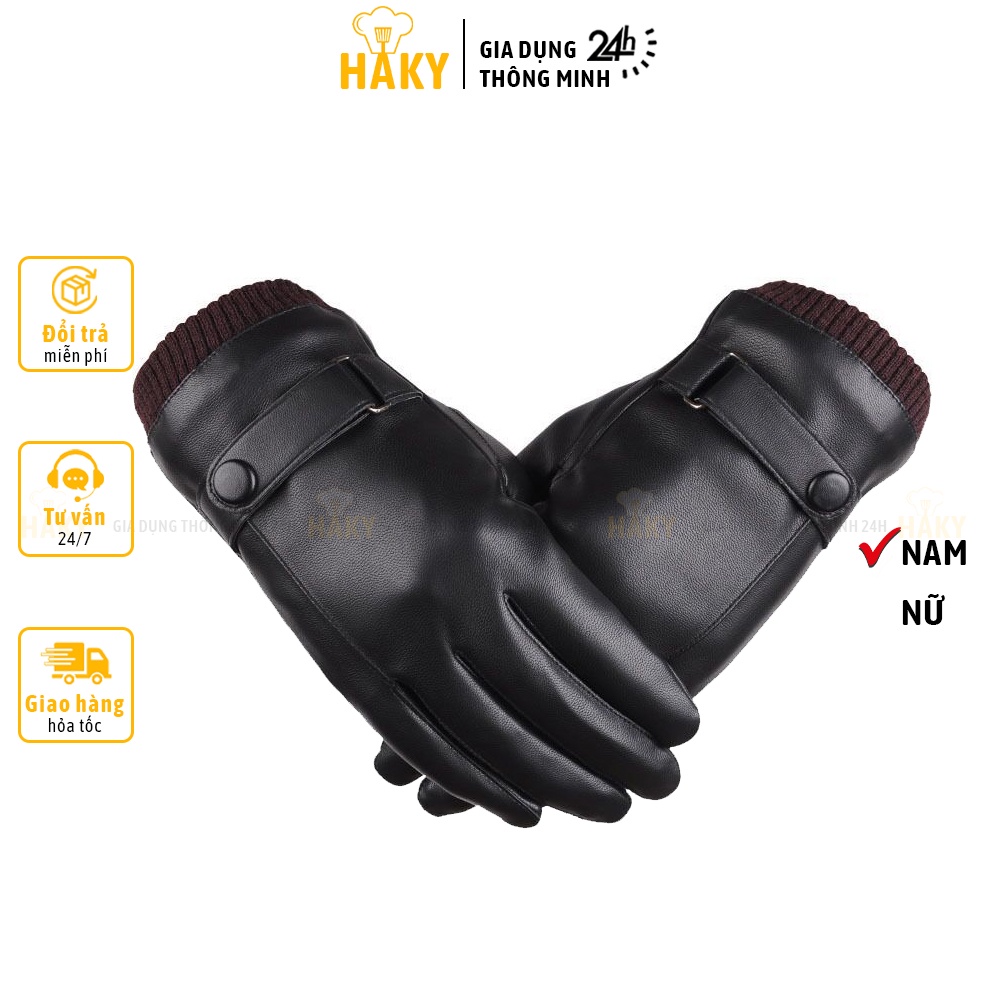 Găng tay da nam giữ ấm mùa đông lót lông bên trong, chống lạnh thiết kế cao cấp chống nước, HAKY028