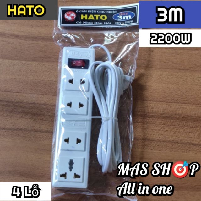 Ổ cắm điện chịu tải 4 lỗ HATO, dây 3M, công suất 2200W