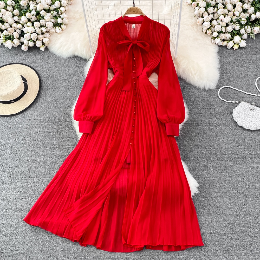 #1764   Khí chất nhẹ thắt nơ Cổ chữ V eo đơn ngực xếp ly một đường váy đầm xòe lớn thanh lịch mùa xuân
