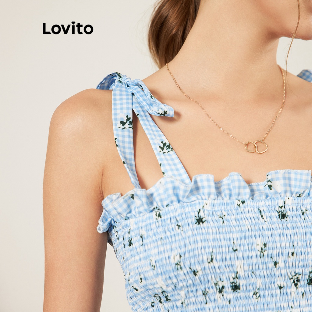 Áo liền quần Lovito không vón cục xơ xếp nếp họa tiết hoa kẻ sọc thường ngày L25ED033 (màu xanh dương)