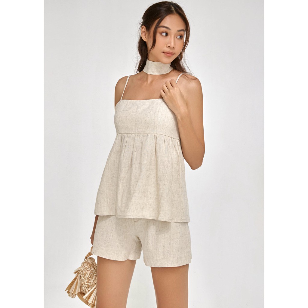 Quần lửng nữ YV LE &amp; CO vải linenmàu kem thanh lịch