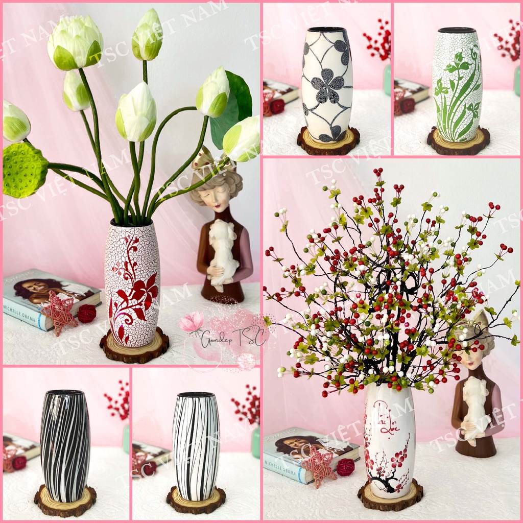 Lọ hoa gốm sứ Bát Tràng dáng bom cao 22 cm - Bình hoa decor trang trí xinh xắn
