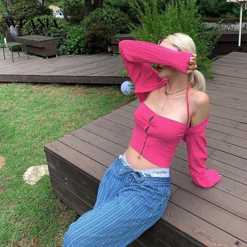 Set 2 Áo Croptop Tay Dài Thiết Kế Ôm Sát Tôn Dáng