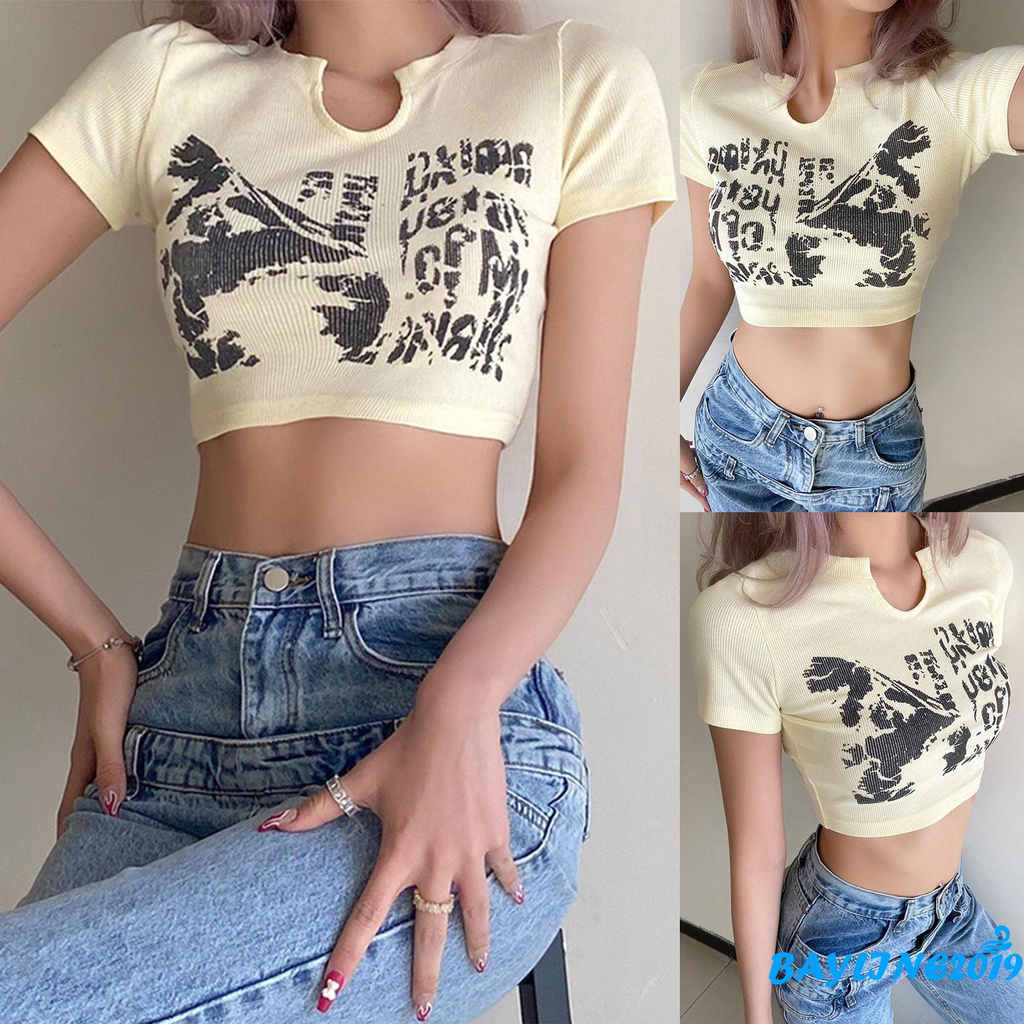 Áo thun croptop dáng ôm ngắn tay cổ khoét in hình thời trang cho nữ