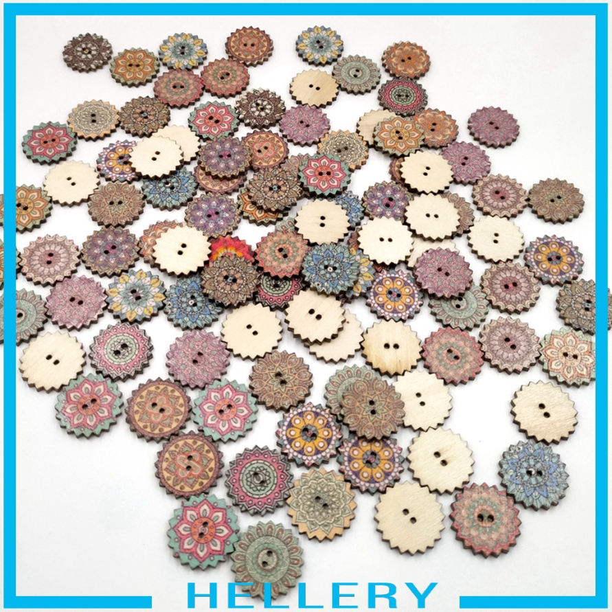 Set 100 Nút Gỗ Tròn 2 Lỗ Nhiều Họa Tiết Dùng May Vá Thủ Công