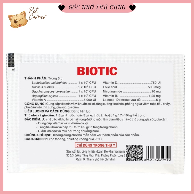 Men tiêu hóa cho chó mèo Biotic 5gr (Hỗ trợ đường ruột cho thú cưng)
