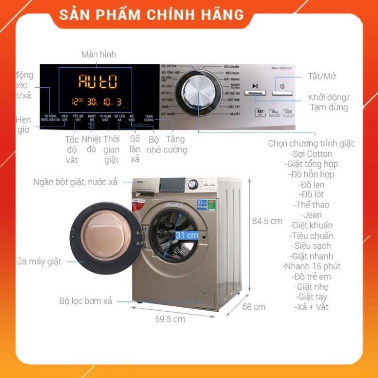 [ FREE SHIP KHU VỰC HÀ NỘI ] Máy giặt Aqua cửa ngang 10 kg màu vàng kim AQD-DD1000A.N