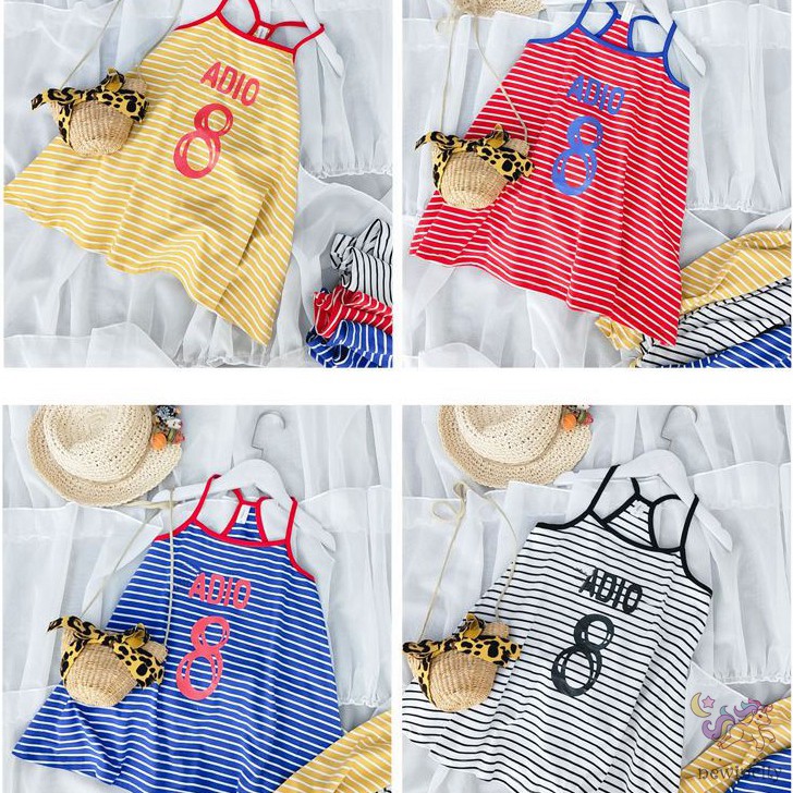 Đầm Hai Dây Họa Tiết Kẻ Sọc Thời Trang Mùa Hè Hàn Quốc Cho Bé Gái