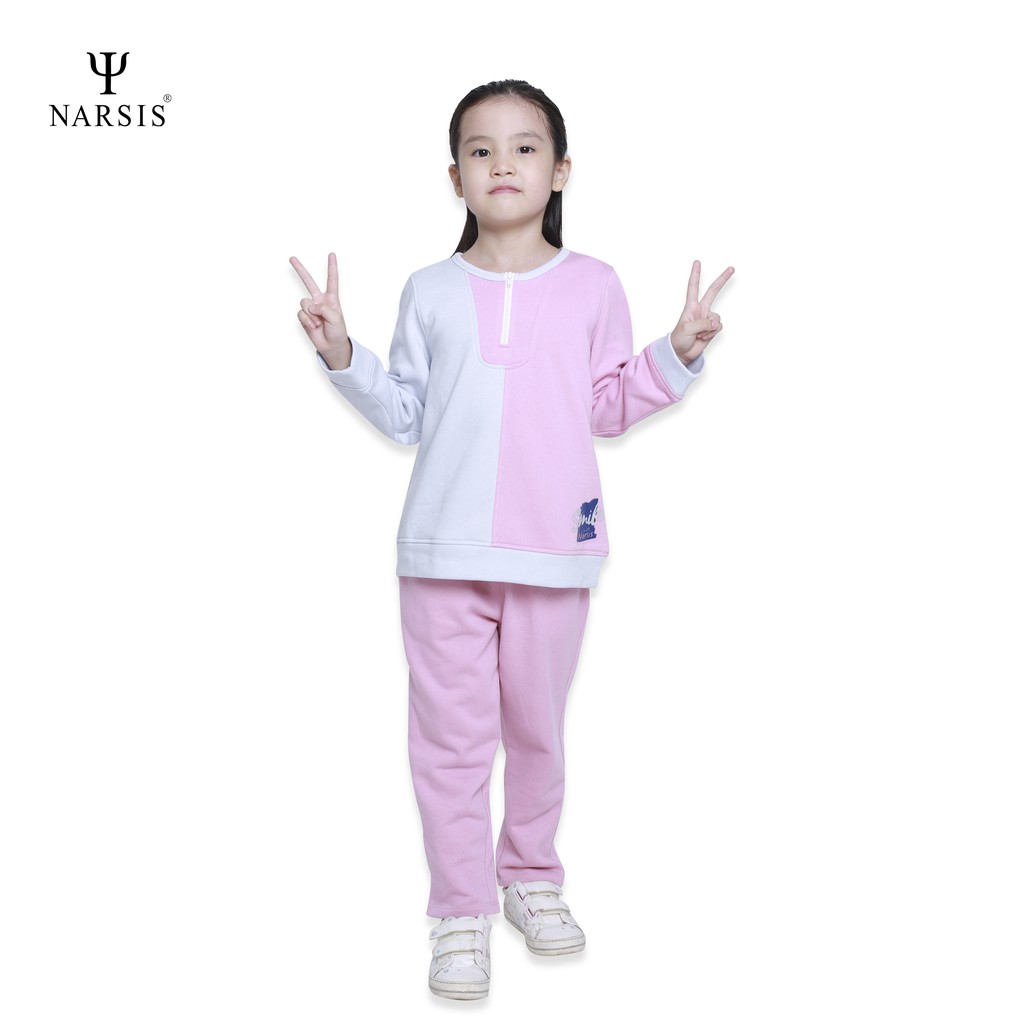 Bộ đồ đông bé gái Narsis KM0023 chất Cotton Poly màu hồng đậm phối ghi