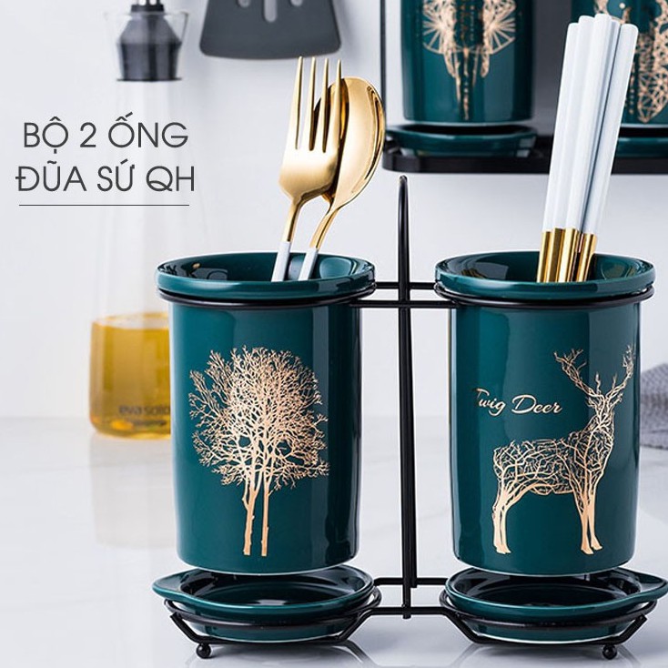 Bộ ống đũa sứ đựng đũa, thìa, muỗng cao cấp kèm khung thép xuất Nhật