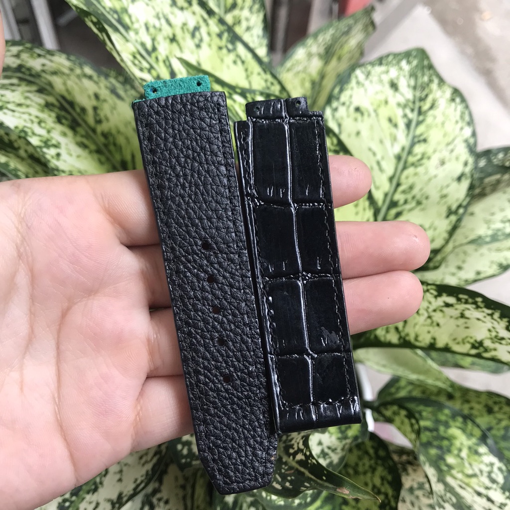 Dây đồng hồ Hublot nam, cao cấp thủ công da bò dập vân cá sấu size19 x 25 x 22mm