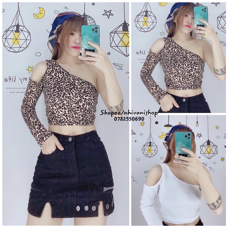 áo thun lệch vai sang chảnh ( áo kiểu croptop da beo )