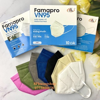 Khẩu trang y tế VN95 kháng khuẩn 4 lớp FAMAPRO Hộp 10 cái - 8 màu Trắng / Xám / Đen / Navy / Vàng / Hồng / Rêu