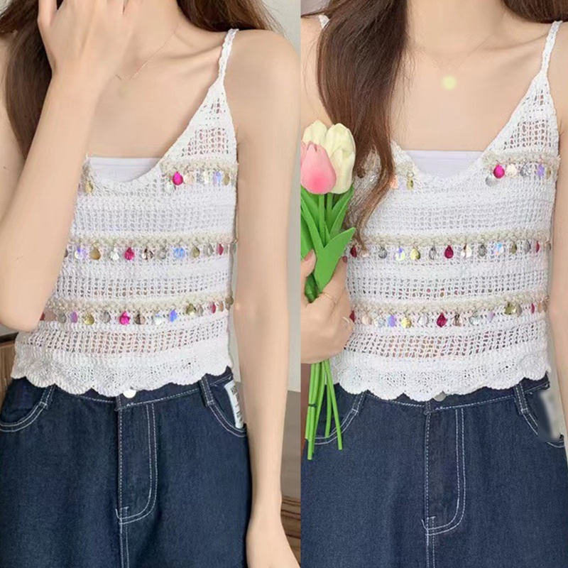 Áo Croptop Dệt Kim Sát Nách Cổ Chữ V Phối Tua Rua Đính Kim Sa Lấp Lánh Thời Trang Đi Biển Cho Nữ